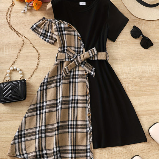 Girls' Asymmetric Plaid Stitching Short Sleeve Casual Dress
