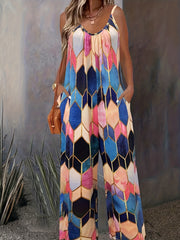 Geo Print Wide Leg Jumpsuit Sleeveless Pockets Jumpsuit