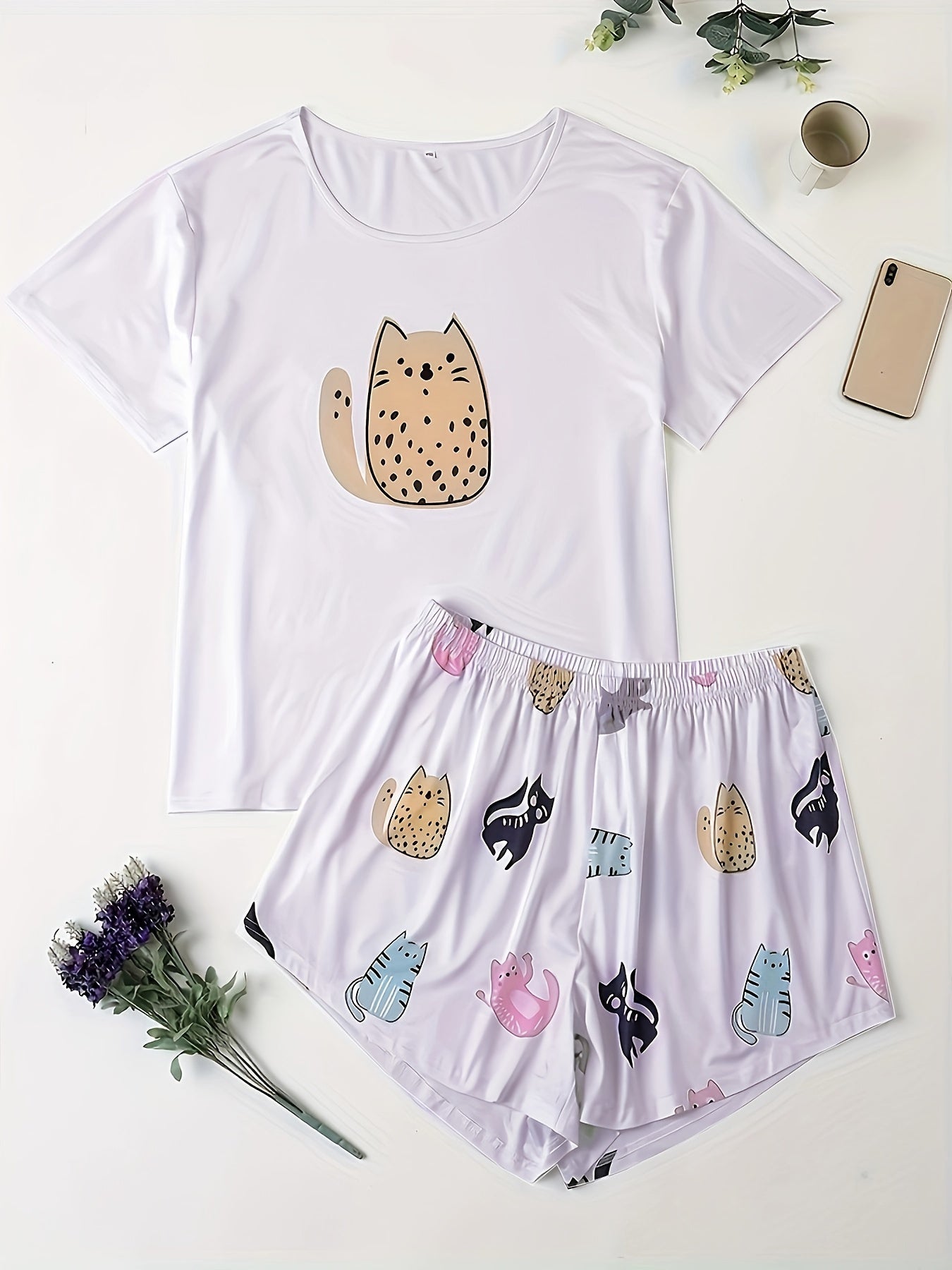 Plus Size Cat Print Pajamas Set Women's Short Sleeve Shirt & Shorts