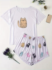 Plus Size Cat Print Pajamas Set Women's Short Sleeve Shirt & Shorts
