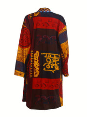 Abstract Print Open Front Jacket Casual Long Sleeve Mid Length Outerwear