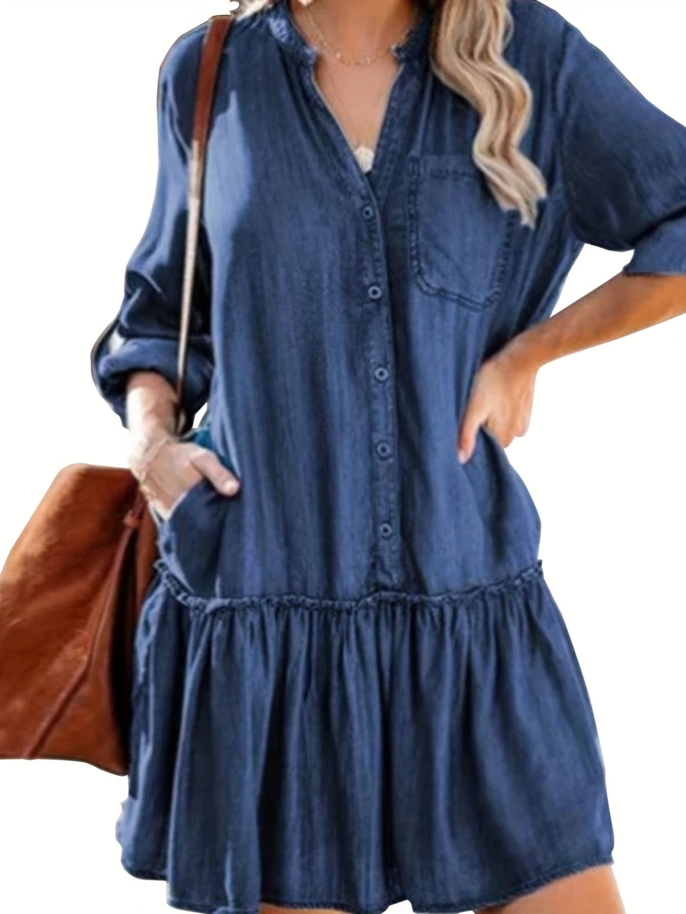 Women's Denim Dress with Stand Collar and Ruffle Trim