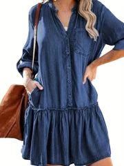 Women's Denim Dress with Stand Collar and Ruffle Trim