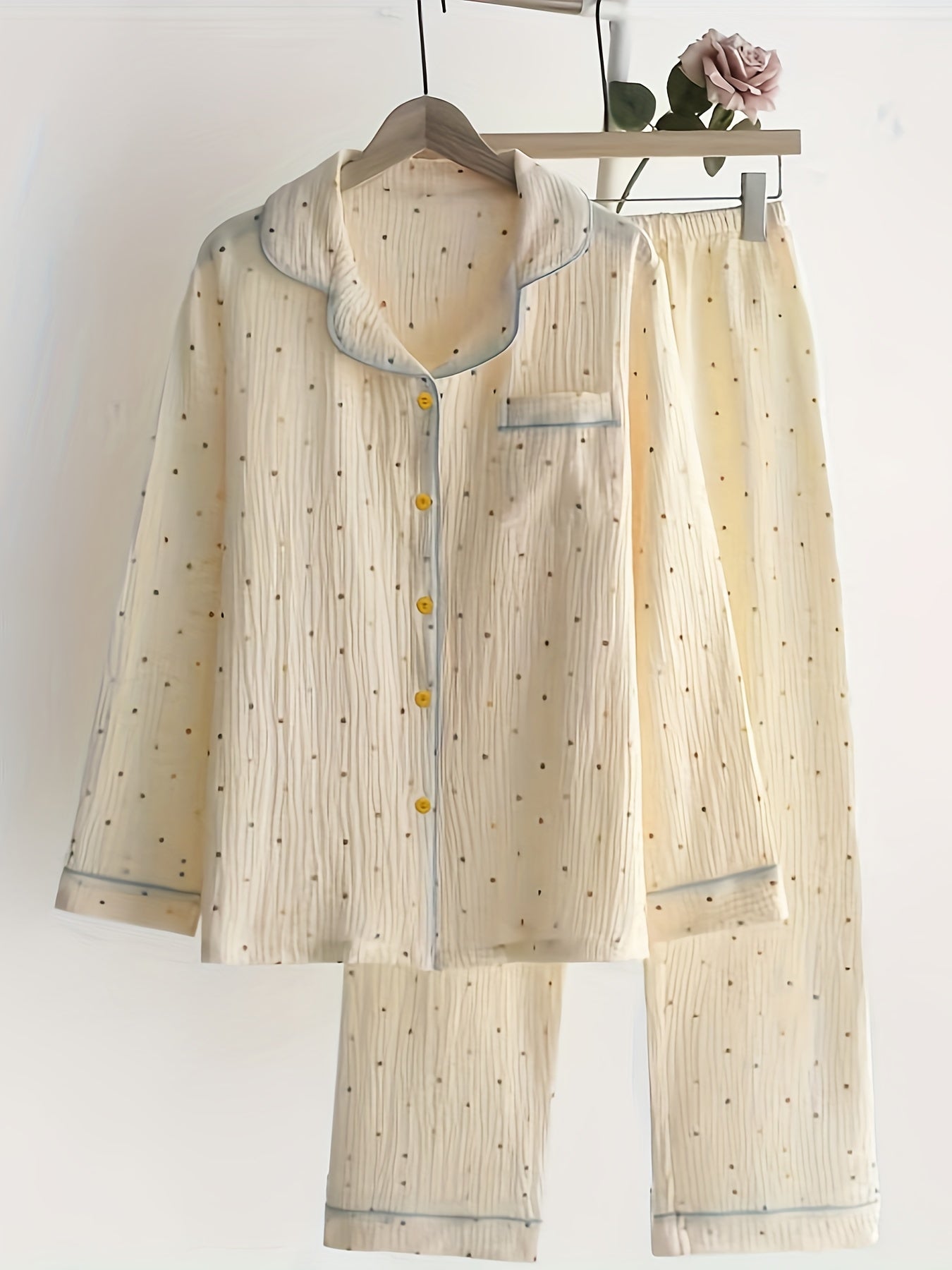 Dot Print Pajama Set Long Sleeve Top & Elastic Waistband Pants