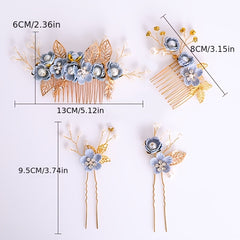 Hanfu Hair Comb Faux Pearl Flower Leaf Metal Hairpin Vintage Chinese Style