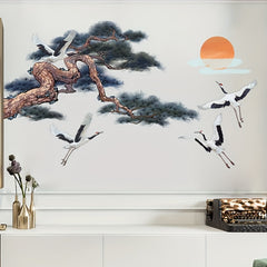 Chinese Style Ink Pine And Crane Painting Wall Stickers Bedroom Decoration