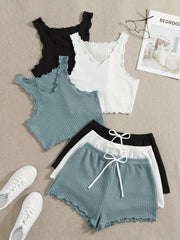 Waffle Pajama Set Solid Comfortable Tank Top & Shorts Women's Loungewear