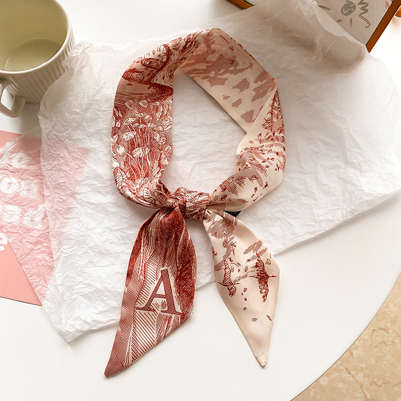 Retro Print Small Silk Scarves Hair Ties Slim Ribbons Scarves Ties
