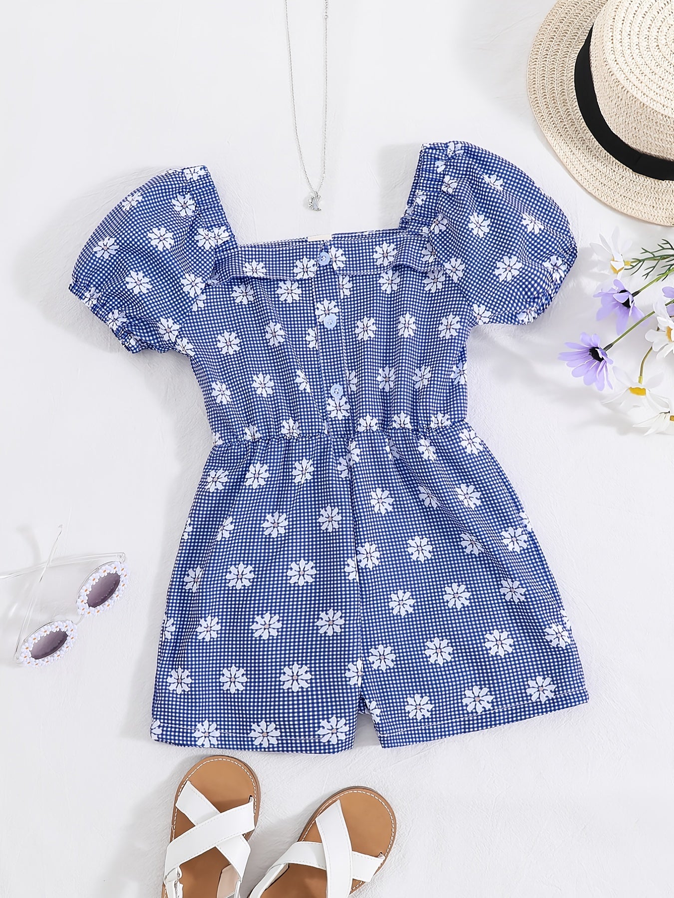 Girls Short Bubble Sleeve Romper Flowers Print Jumpsuit