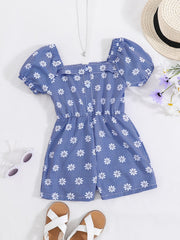 Girls Short Bubble Sleeve Romper Flowers Print Jumpsuit