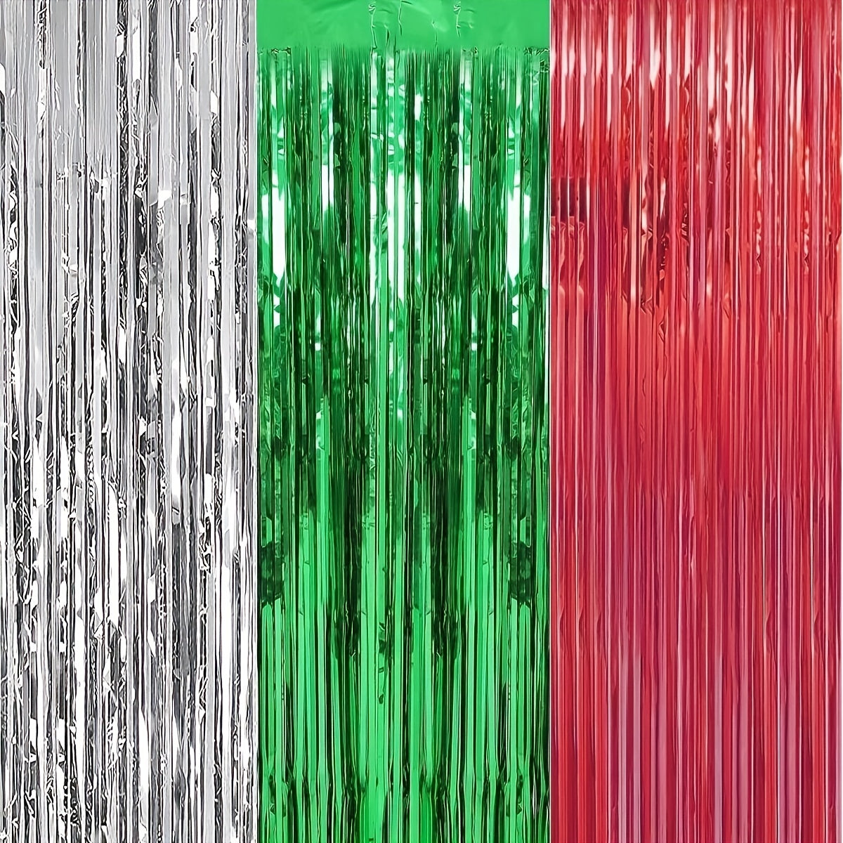 3 Pcs Christmas Red Green Silvery Foil Fringe Curtains
