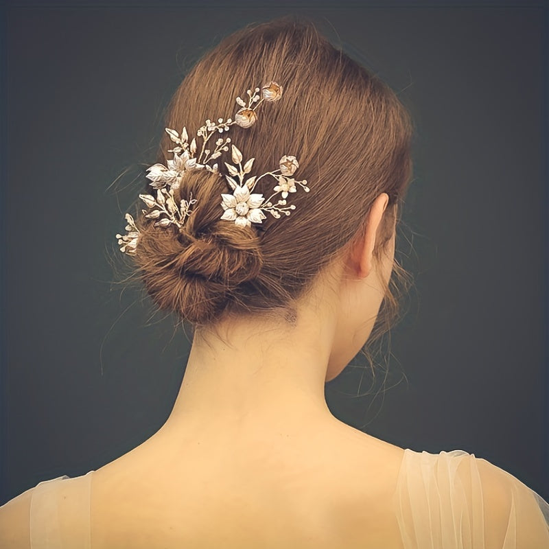 Alloy Flower Golden Hair Pin Inlaid Faux Pearl U shaped Hairpin Ponytail Holder
