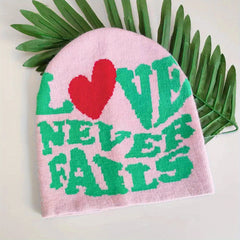 Pink Letter Jacquard Warm Beanie Love Never Fails Elastic Knit Hat