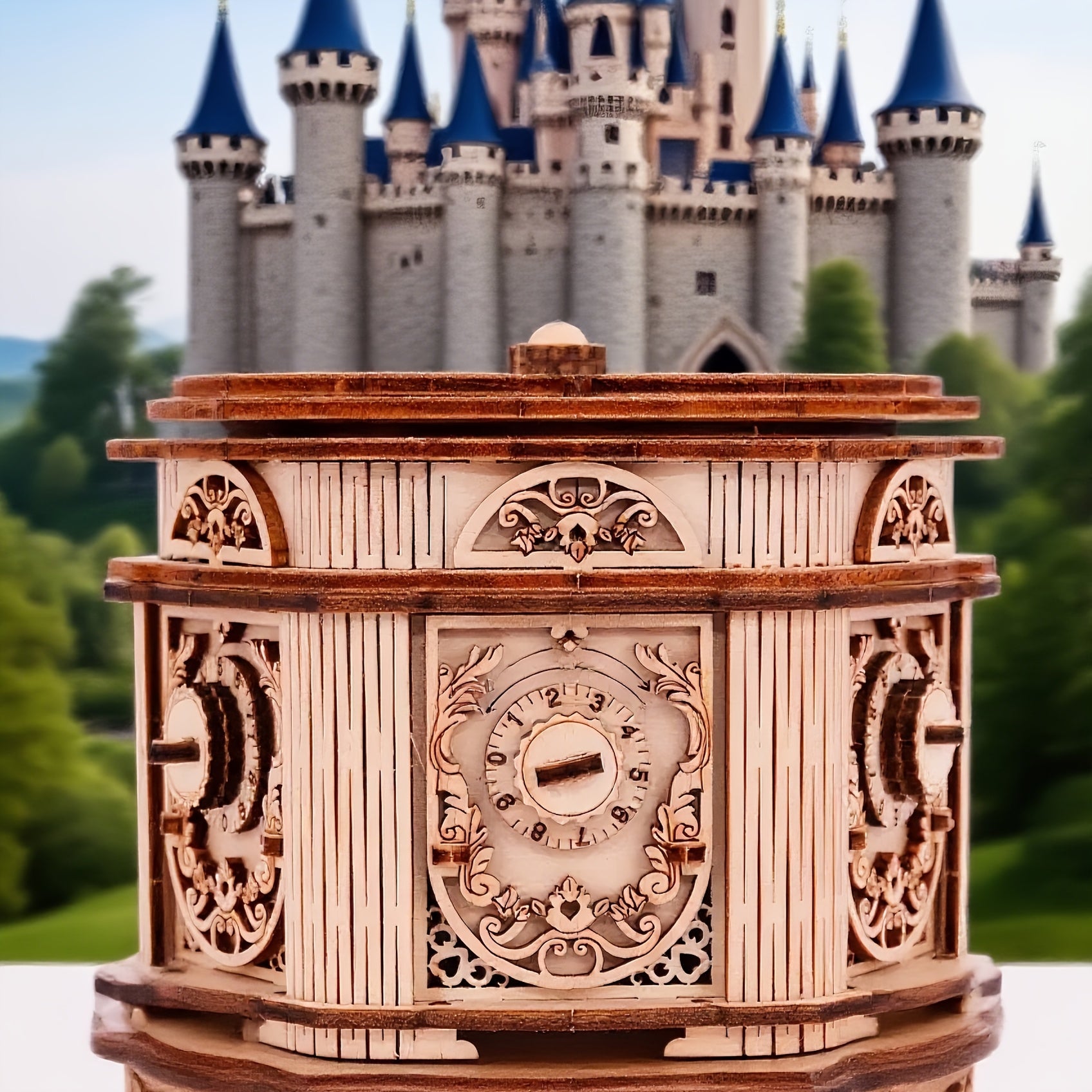 Vintage 3D Puzzle Music Box Layered Mechanical Intricate Carvings Beige Wooden