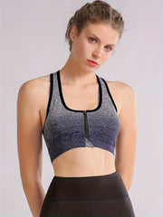 Ombre Front Zipper Shockproof Sports Top Racer Back Fitness Yoga Tan Top