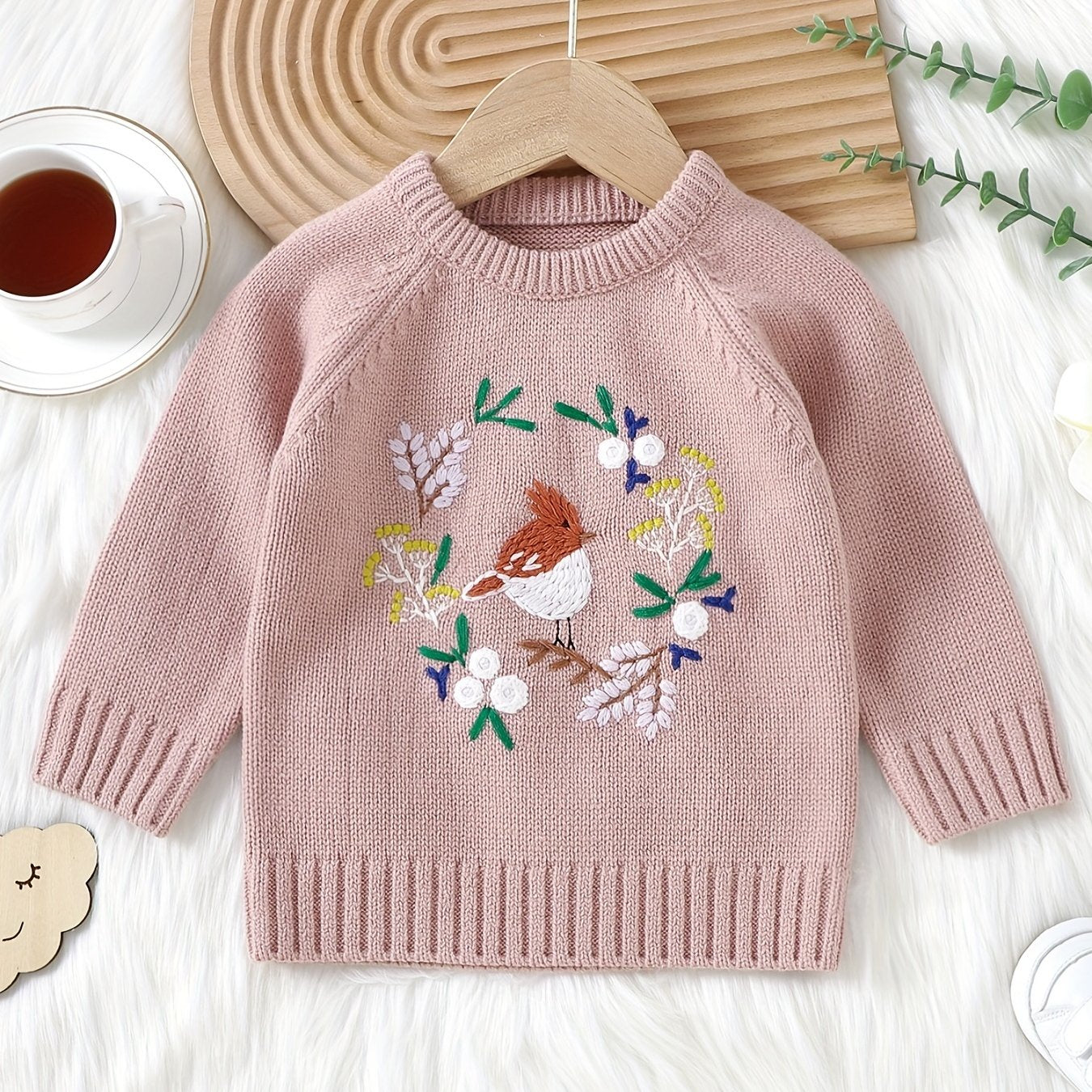 Baby Knitted Sweater Kids Pullover Top Floral Bird Embroidered Blouse