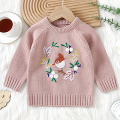 Baby Knitted Sweater Kids Pullover Top Floral Bird Embroidered Blouse