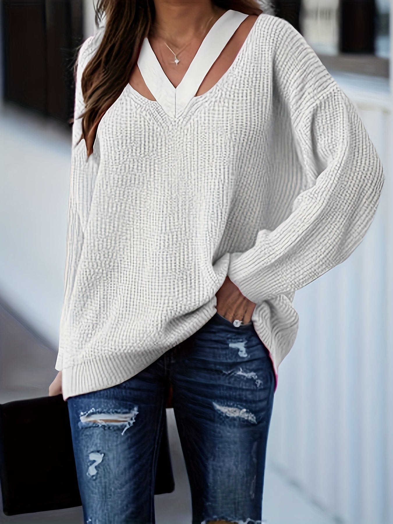 Casual Sweater Solid Knitted V Neck Pullover