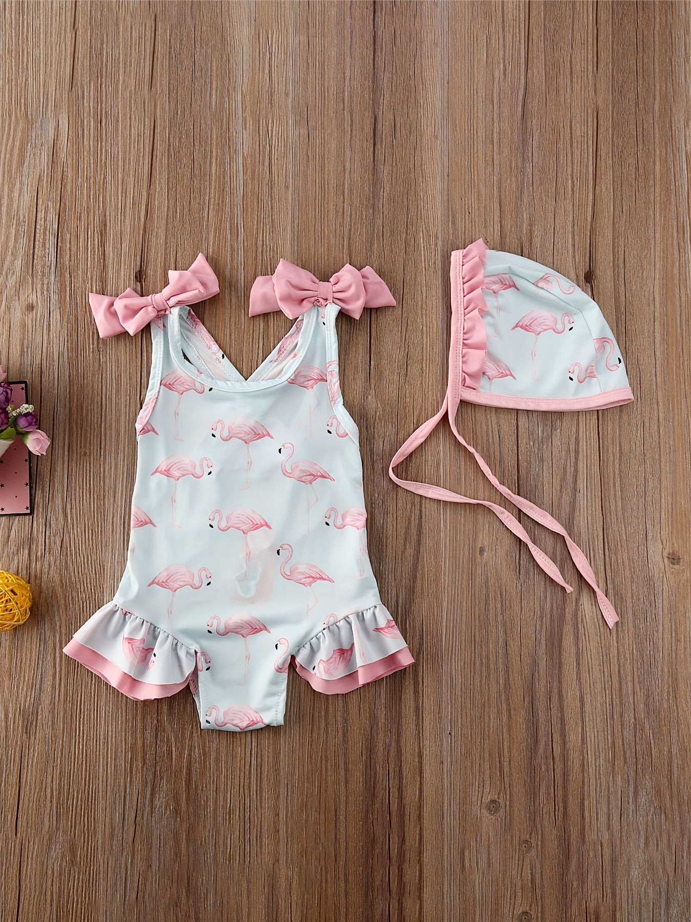 2pcs Toddler Baby Girl Flamingo Swimsuit Ruffle Bathing Suits & Hats