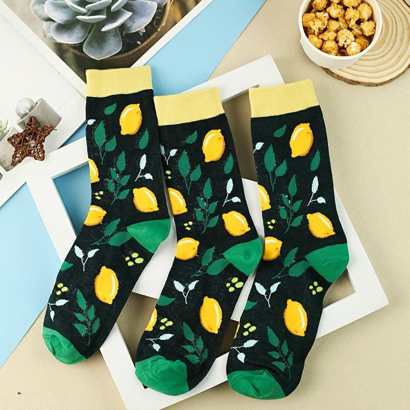 3 Pairs Lemon Print Socks Comfy & Breathable Mid Tube Socks Women's Stockings