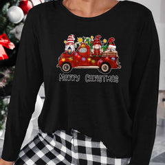 Women's Plus Size Gnome & Car Print Christmas Lounge Top Long Sleeve Tee