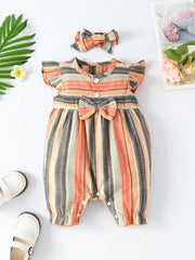 Baby Girls Striped Ruffled Romper & Headband Set