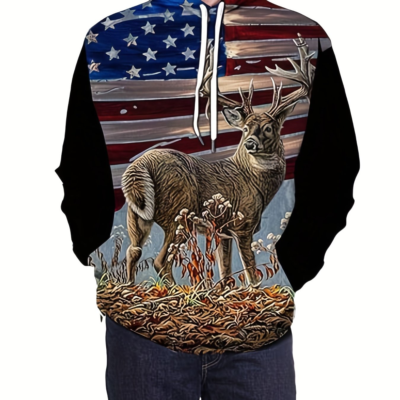 Flag Deer 3D Print Hoodies For Men Graphic Hoodie With Kangaroo Pocket