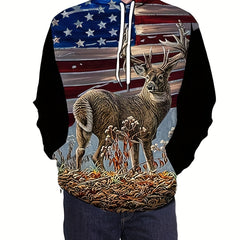 Flag Deer 3D Print Hoodies For Men Graphic Hoodie With Kangaroo Pocket
