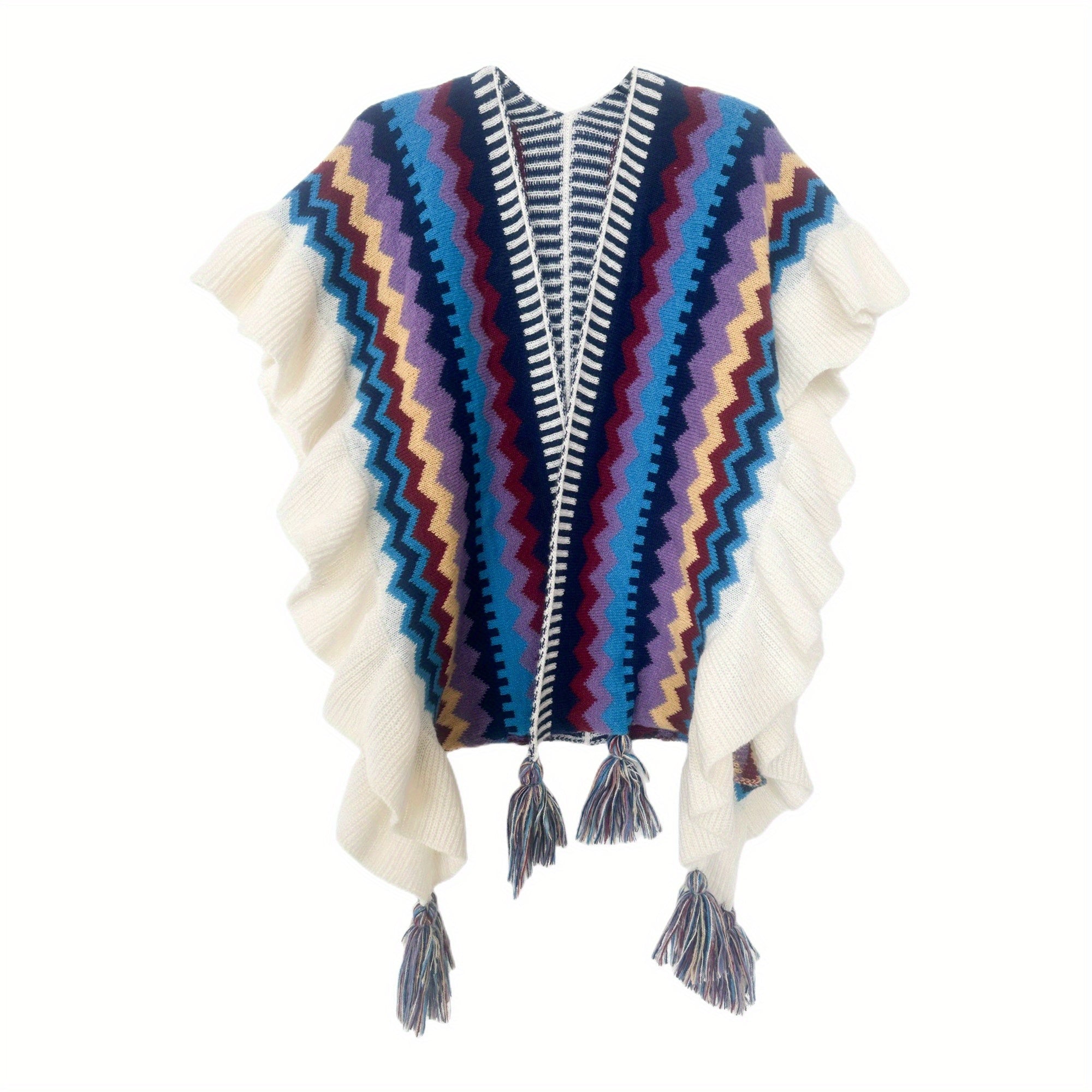 Boho Striped Large Shawl Classic Tassel Wrap Cape Ruffles Cardigan