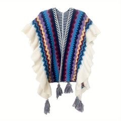 Boho Striped Large Shawl Classic Tassel Wrap Cape Ruffles Cardigan