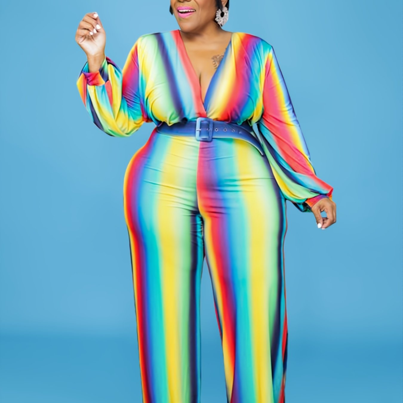 Rainbow Print Deep V Neck Wide Leg Jumpsuit Women's Plus High Stretch