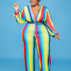 Rainbow Print Deep V Neck Wide Leg Jumpsuit Women's Plus High Stretch