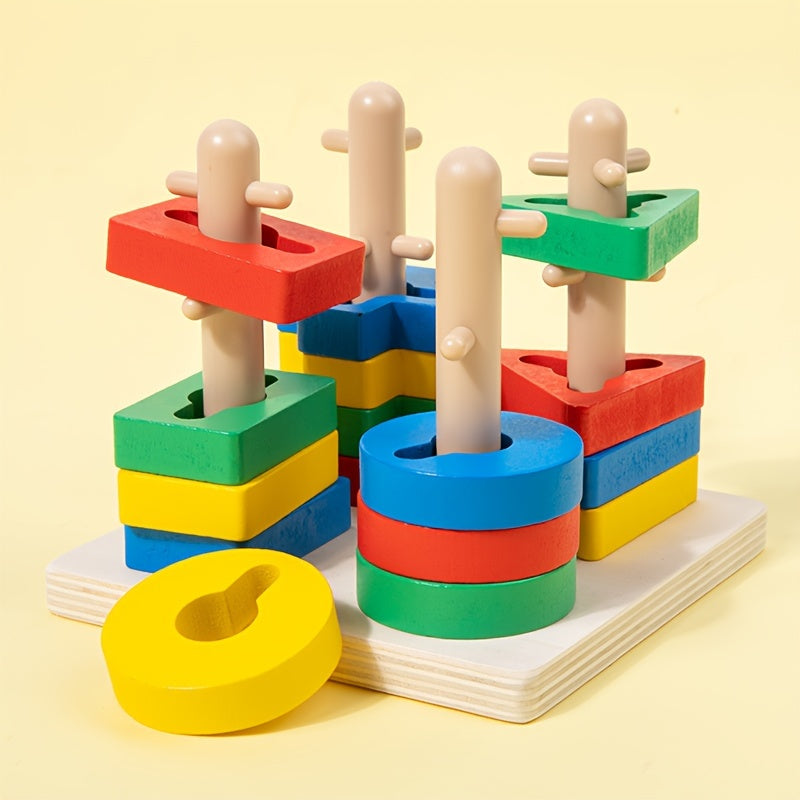 Wooden Geometric Shape Sorter Puzzle with Stacking Rings