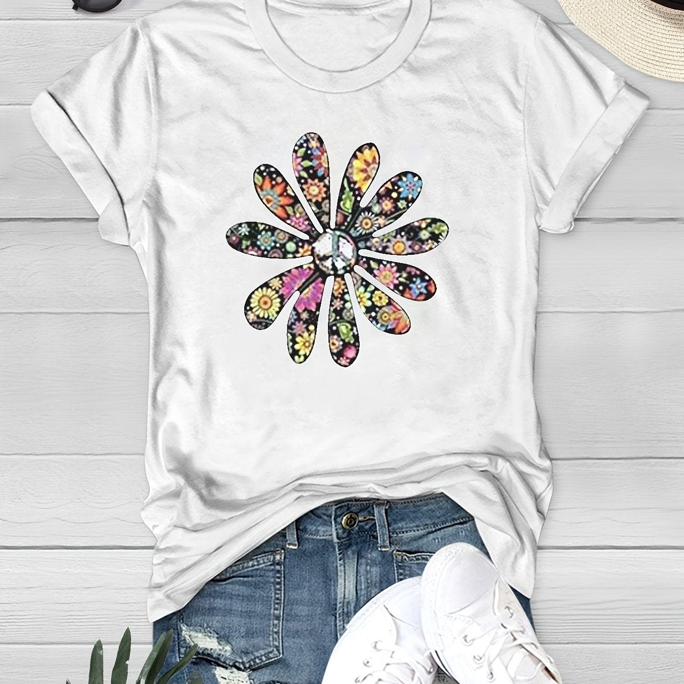 Summer Flower Graphic Tee Women Casual Crew Neck Short Sleeves Women's Tops