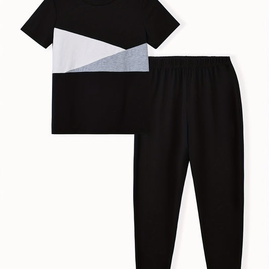 Boy's 2pcs Block Stitching T shirt & Sweatpants Set