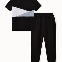 Boy's 2pcs Block Stitching T shirt & Sweatpants Set