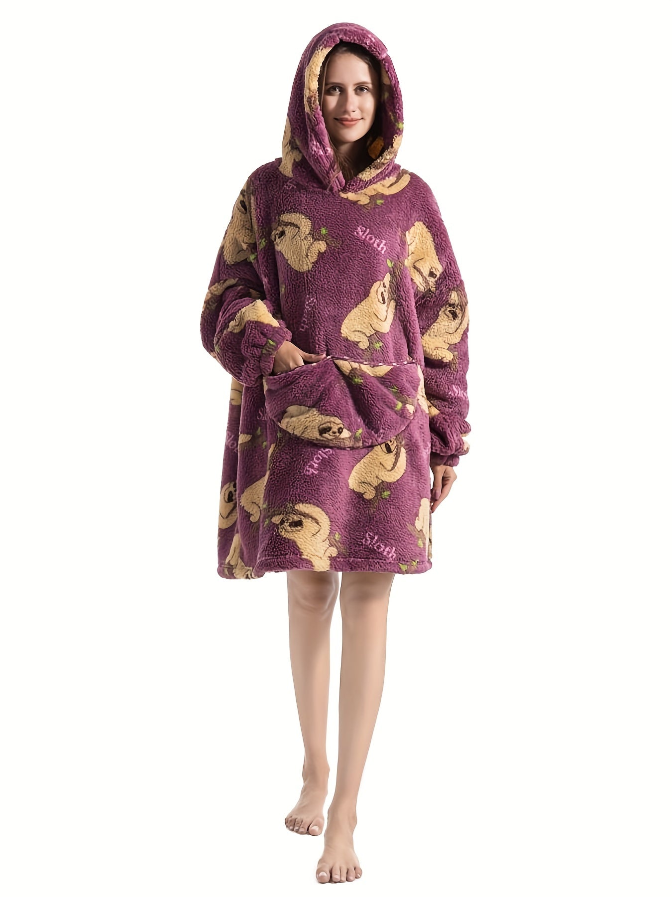 Sloth Pattern Fleece Hooded Wearable Blanket