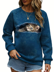 Cat Print Sweatshirt Casual Crew Neck Long Sleeve Sweatshirt