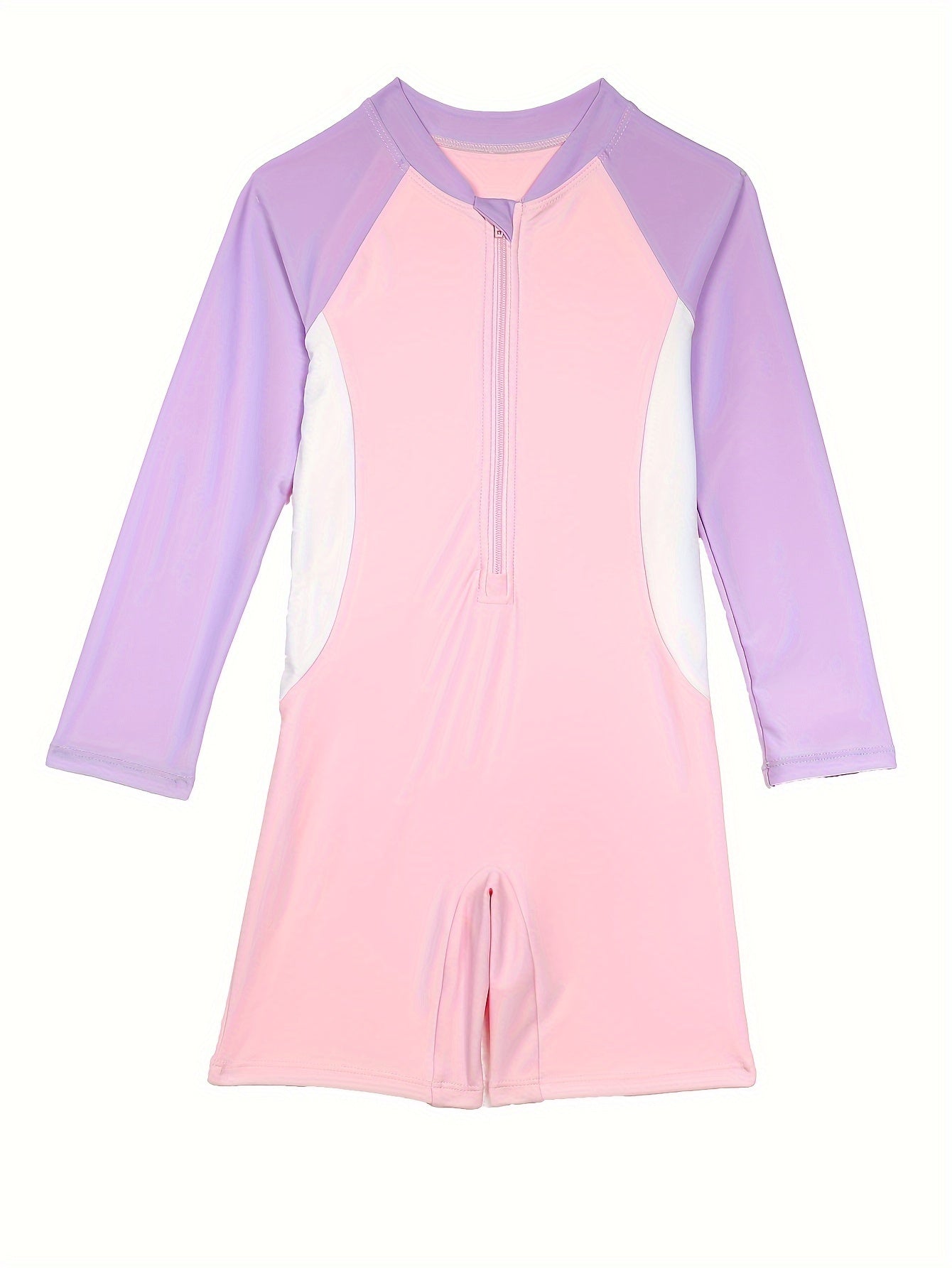 Comfy Stretchy Splicing Long Sleeve Half Zip Swimwear For Girls