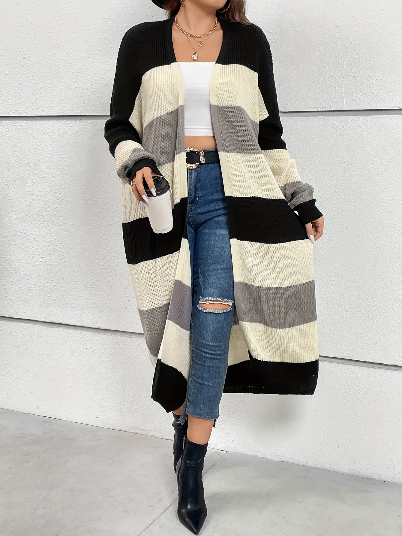 Colorblock Long Sleeve Longline Cardigan Women's Plus