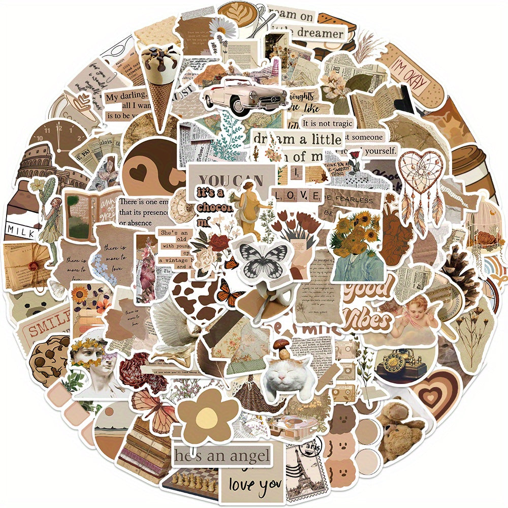 112pcs Retro Brown Art Literary Doodle Stickers Waterproof Decorative
