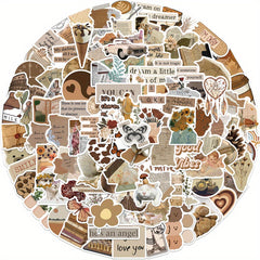 112pcs Retro Brown Art Literary Doodle Stickers Waterproof Decorative