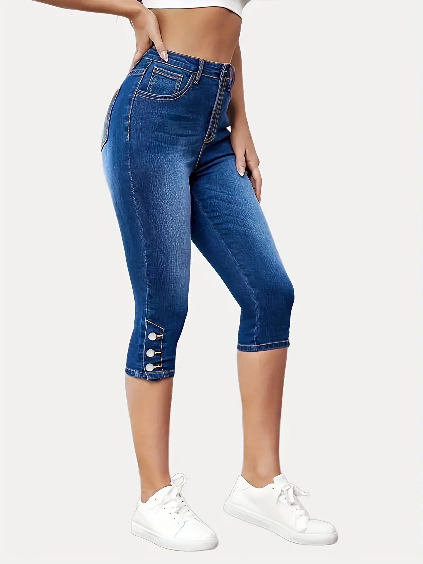 High Waist Capris Denim Jeans Single Breasted Button Slim Fit Casual Denim