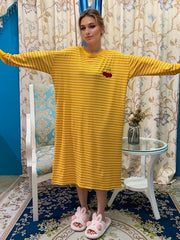 Cherry Print Lounge Dress Striped Home Dress Women's Loungewear
