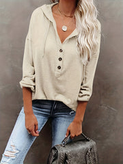 Solid Half Button Hoodie Long Sleeve Drawstring Hoodies