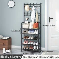 Entrance Coat Rack Foyer Shoe Rack 4 5 Layers 8 Hooks Storage Shelves