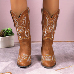 Women's Chunky Western Boots Embroidered Slip On Cowgirl Shoes