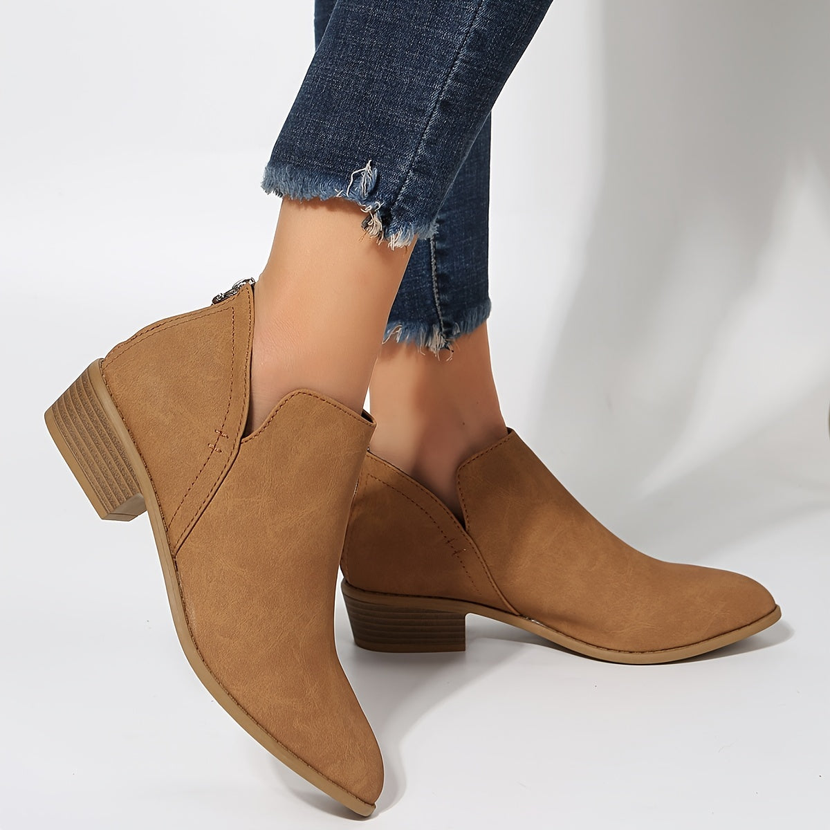 Faux Suede V Cut Chelsea Boots Chunky Heel Zip Short Boots Women's Footwear