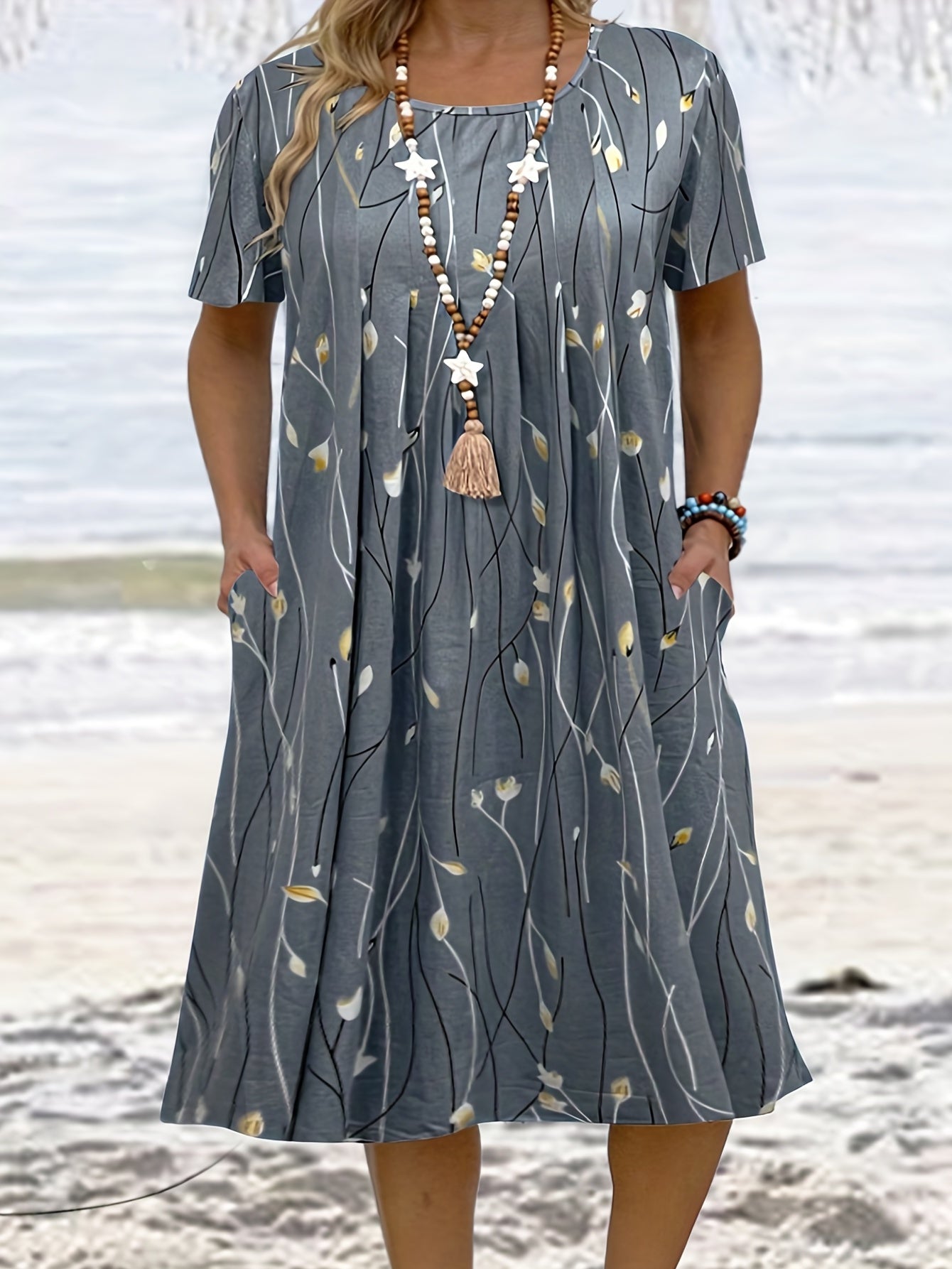 Leaf Print Short Sleeve Casual Dress With Pockets