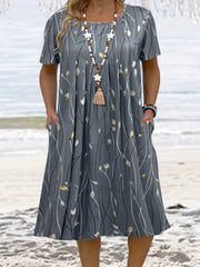Leaf Print Short Sleeve Casual Dress With Pockets